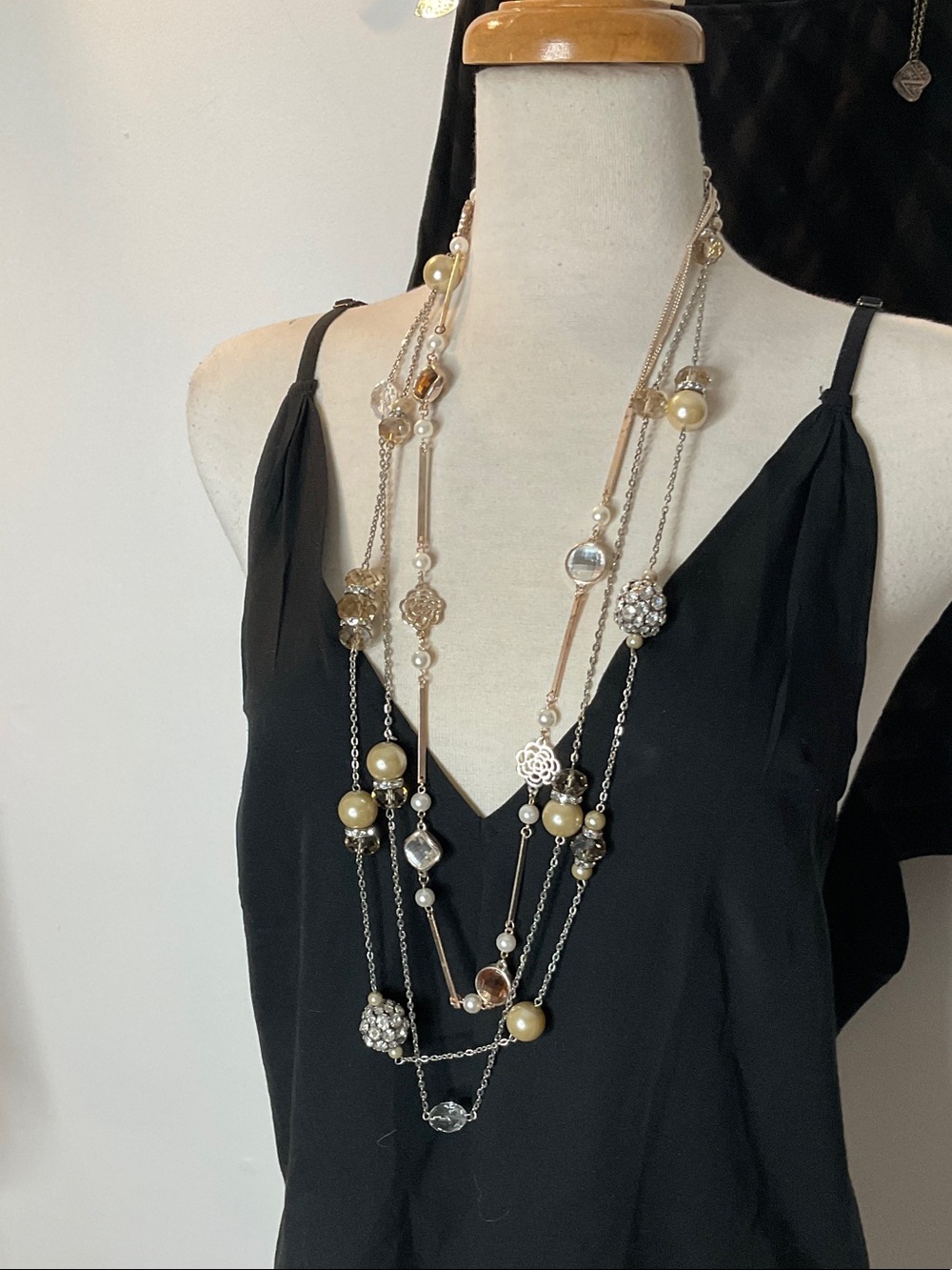 Multi-Strand Pearl & Crystal Necklace in Champagne Gold